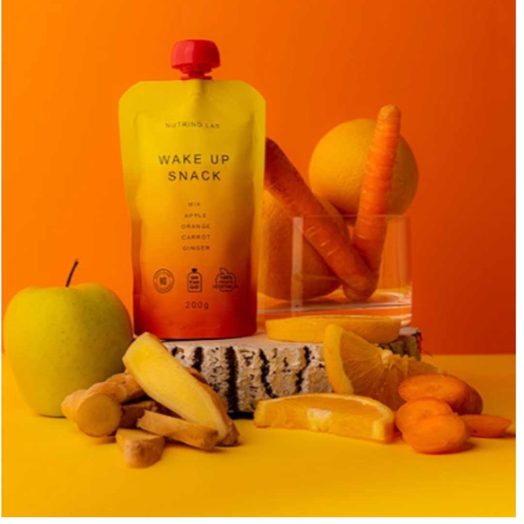 Nutrino Lab Fruit Puree Mix - Fruit Pouches for Adults, Exotic Gourmet Fruit Purees for Adults and Kids (Wake Up Snack | Apple, Orange, Carrot, Ginger | Pack of 6 (200g x 6))