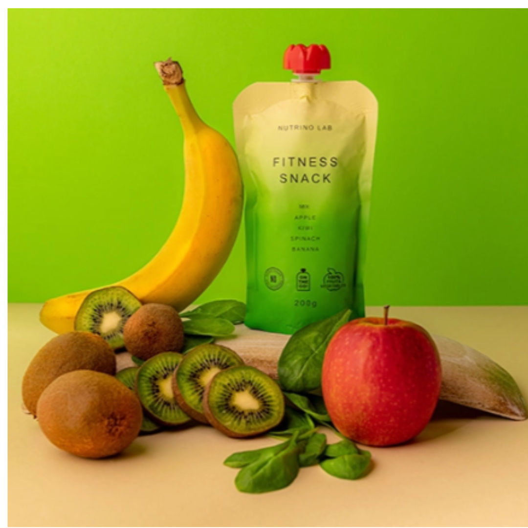 Nutrino Lab Fruit Puree Mix - Fruit Pouches for Adults, Exotic Gourmet Fruit Purees for Adults and Kids (Fitness Snack | Apple, Kiwi, Spinach, Banana | Pack of 6 (200g x 6))