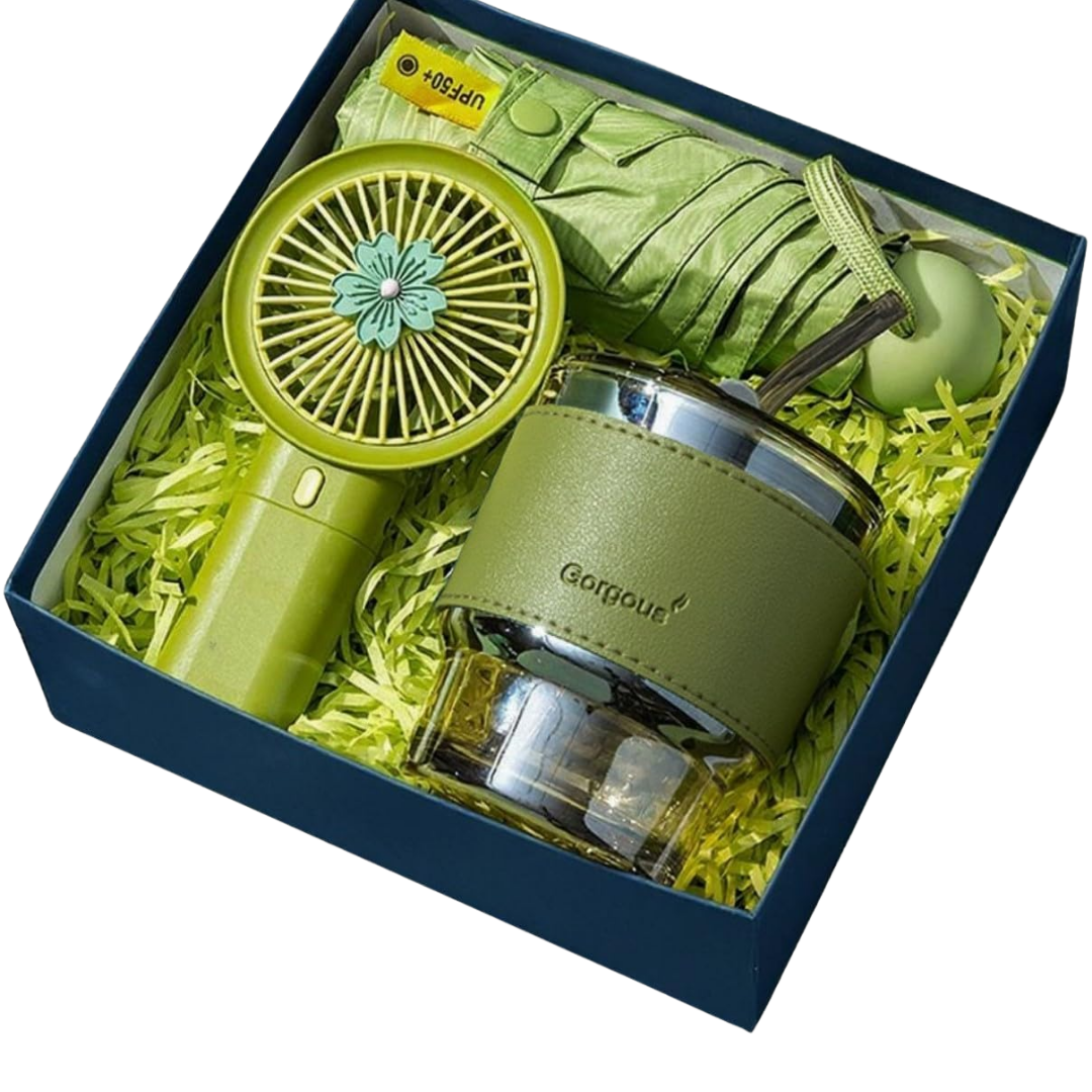 Luxury Gift Box Set – Premium Essentials for Him & Her – Ideal Corporate, Birthday, Christmas, Valentine’s & Mother’s Day Gift (Portable Fan, Ceramic Mug, Umbrella). Green